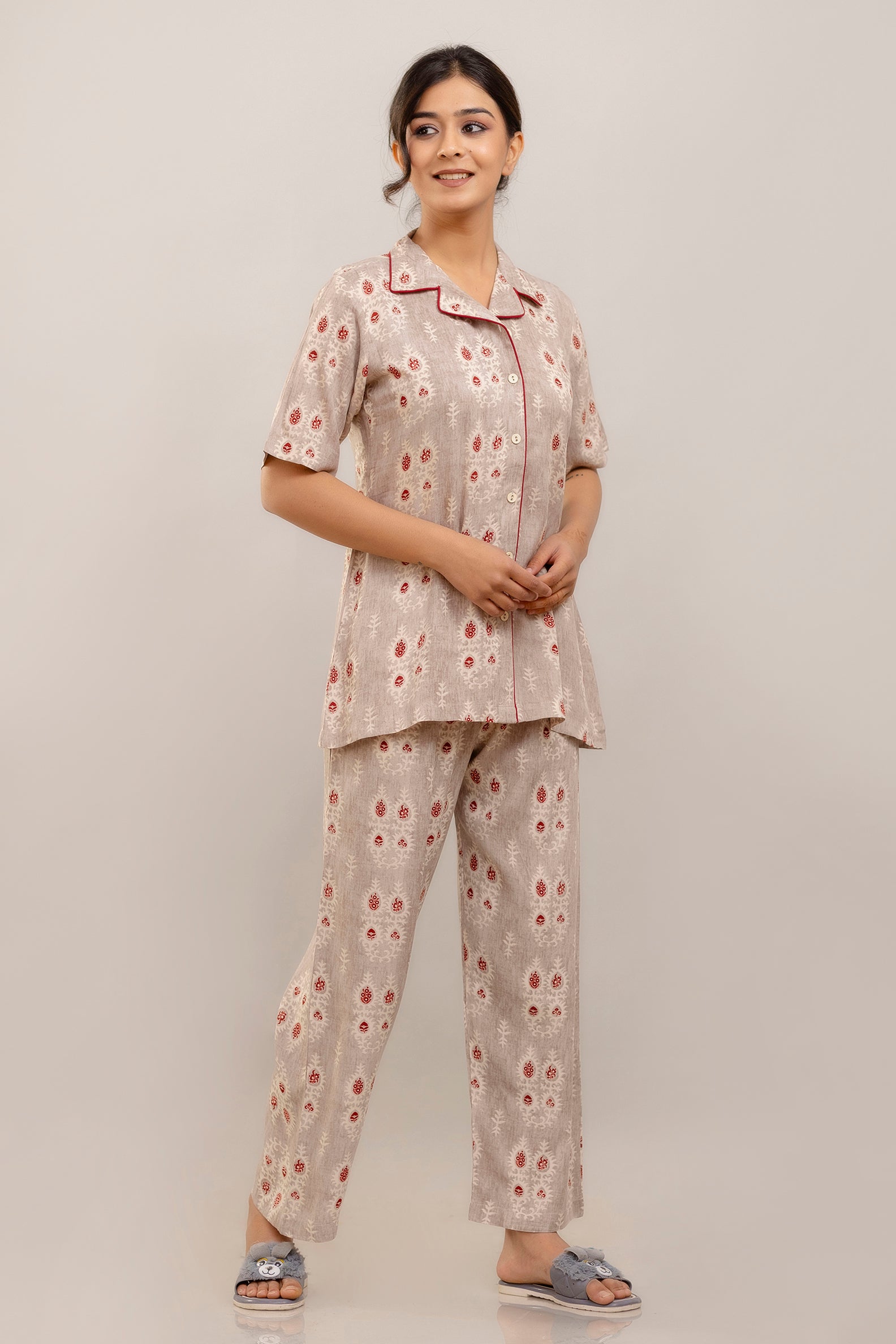 Elegant Beige Floral Nightwear Set