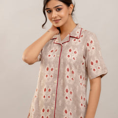 Elegant Beige Floral Lounge Wear Set