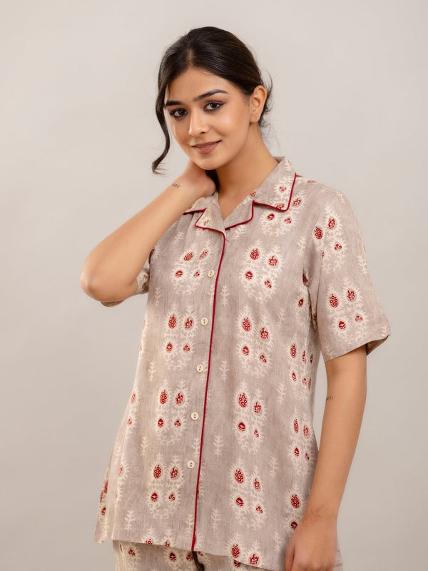 Elegant Beige Floral Lounge Wear Set