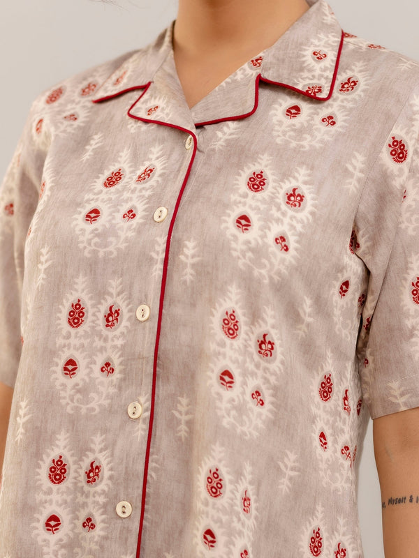 Elegant Beige Floral Lounge Wear Set