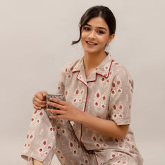 Elegant Beige Floral Lounge Wear Set