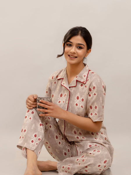 Elegant Beige Floral Nightwear Set