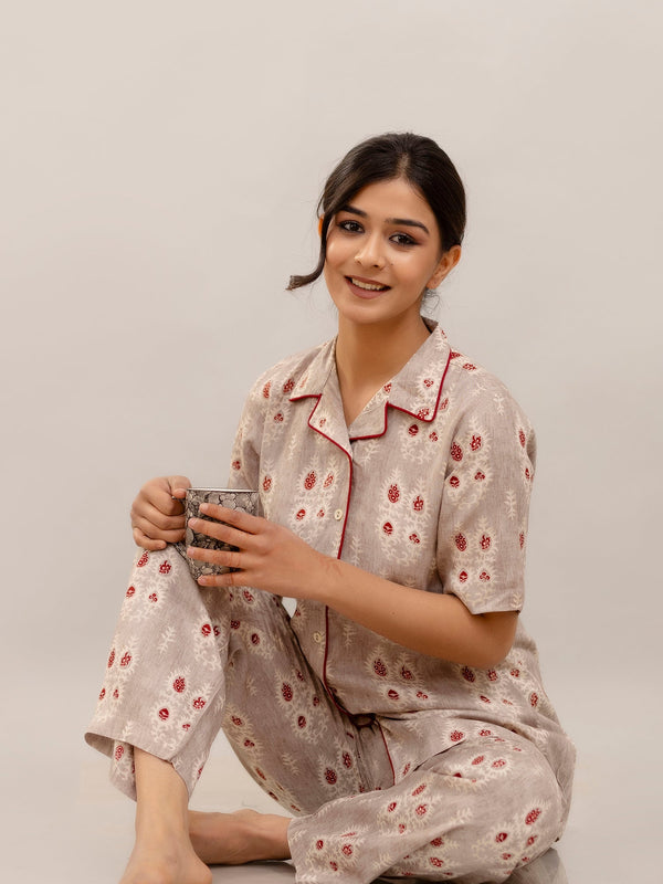 Elegant Beige Floral Lounge Wear Set