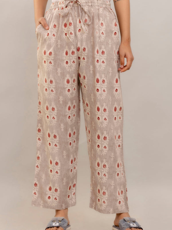 Elegant Beige Floral Lounge Wear Set