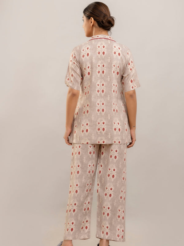 Elegant Beige Floral Lounge Wear Set