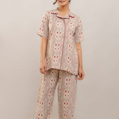 Elegant Beige Floral Lounge Wear Set