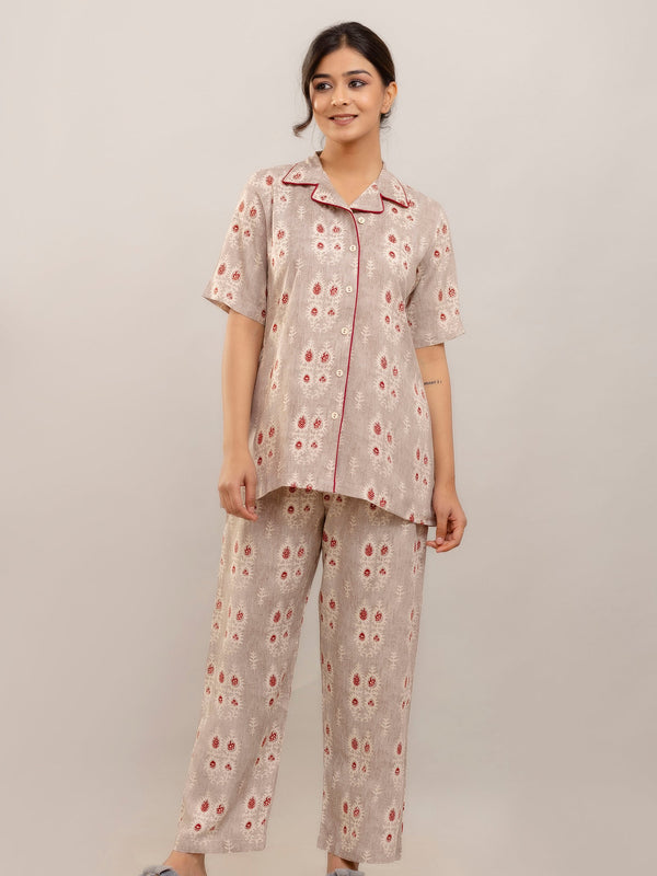 Elegant Beige Floral Lounge Wear Set
