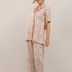 Elegant Beige Floral Lounge Wear Set