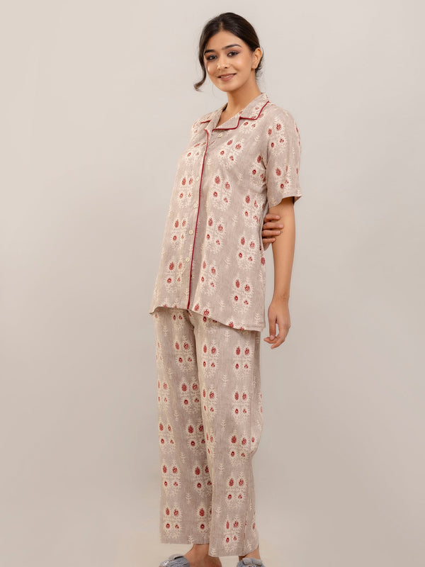 Elegant Beige Floral Lounge Wear Set