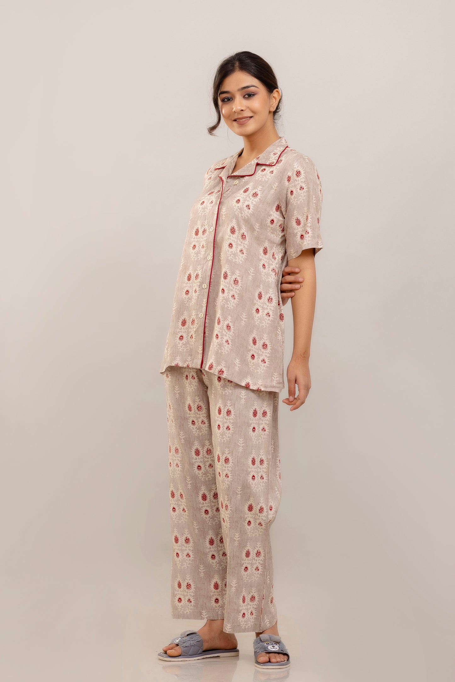 Elegant Beige Floral Nightwear Set