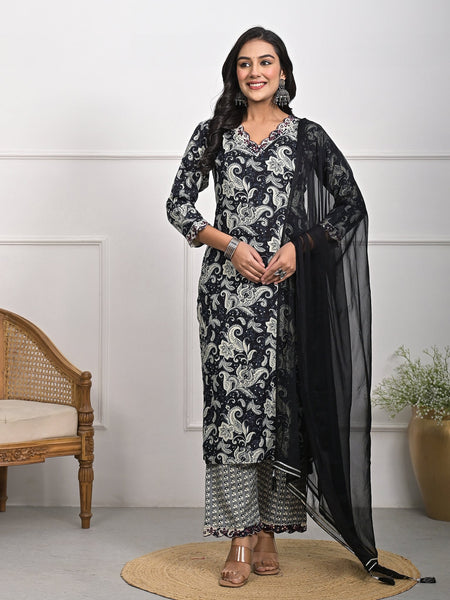 Stylish Rayon Black Kurta Pajama Set with Dupatta