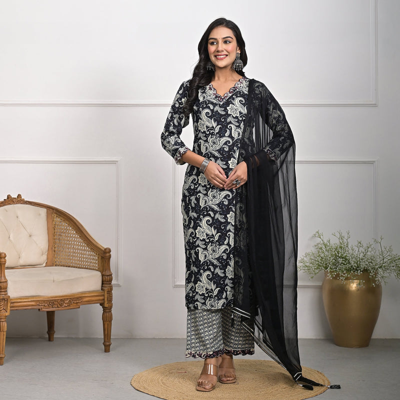 Stylish Rayon Black Kurta Pajama Set with Dupatta