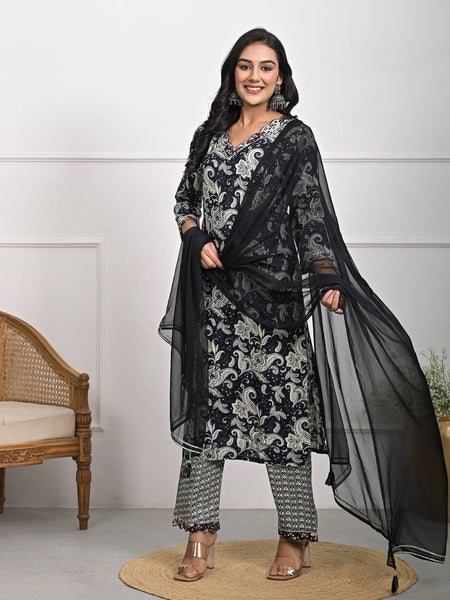 Stylish Rayon Black Kurta Pajama Set with Dupatta