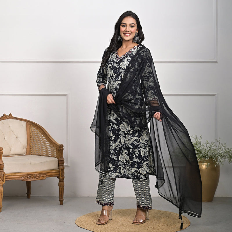 Stylish Rayon Black Kurta Pajama Set with Dupatta