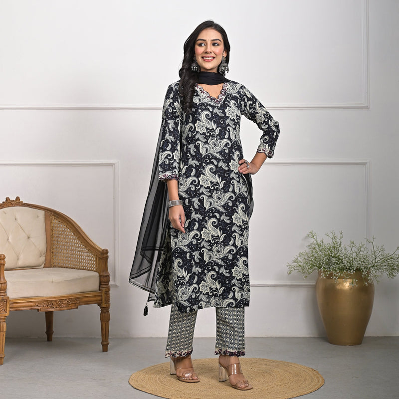 Stylish Rayon Black Kurta Pajama Set with Dupatta