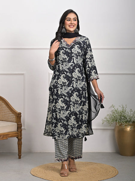 Stylish Rayon Black Kurta Pajama Set with Dupatta