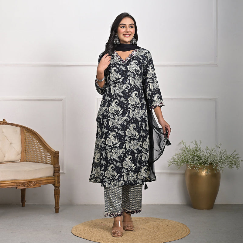 Stylish Rayon Black Kurta Pajama Set with Dupatta – Loomista