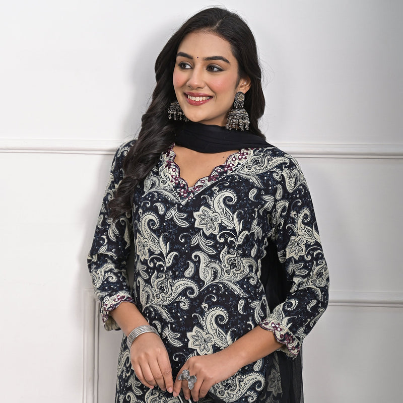 Stylish Rayon Black Kurta Pajama Set with Dupatta