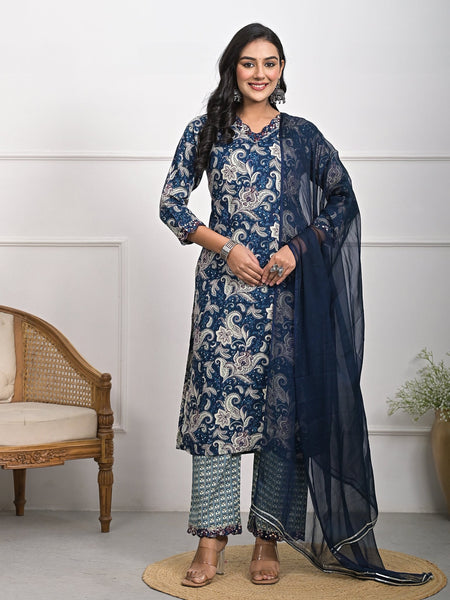 Stylish Rayon Blue Kurta Pajama Set with Dupatta