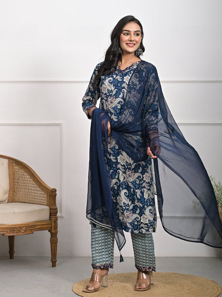 Stylish Rayon Blue Kurta Pajama Set with Dupatta