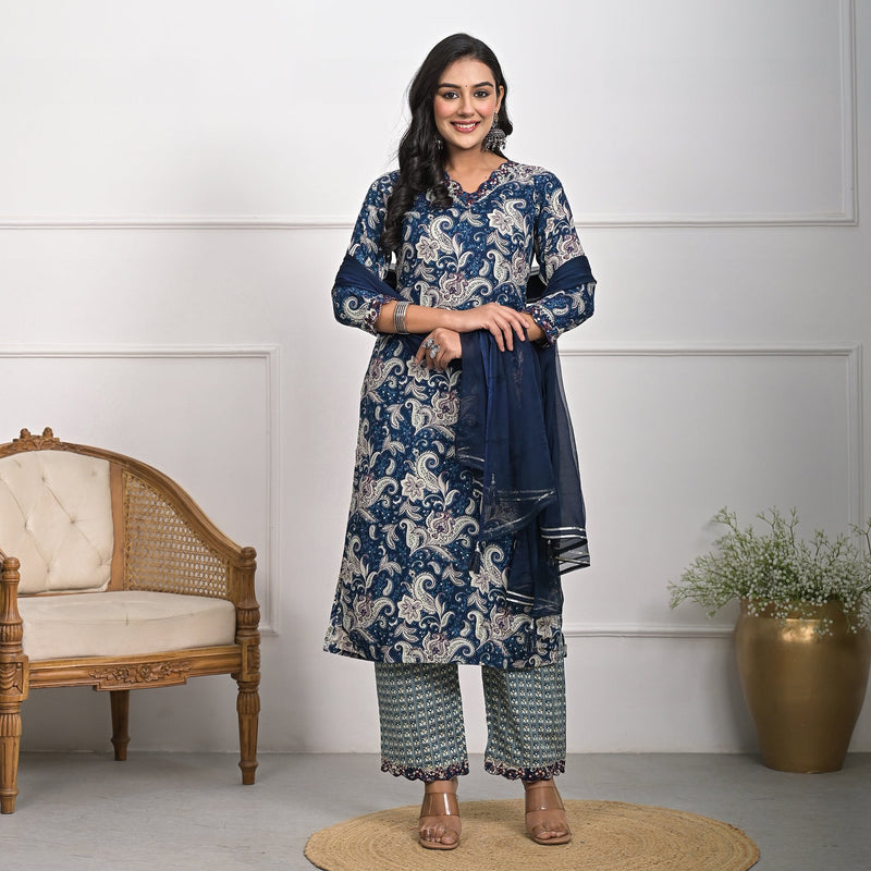 Stylish Rayon Blue Kurta Pajama Set with Dupatta