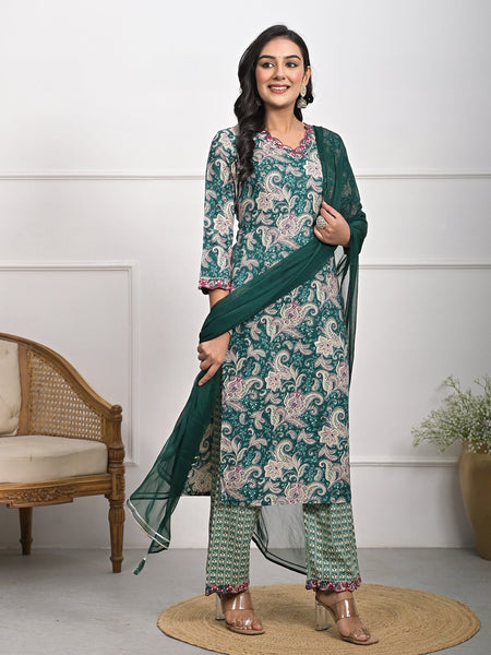 Stylish Rayon Green Kurta Pajama Set with Dupatta