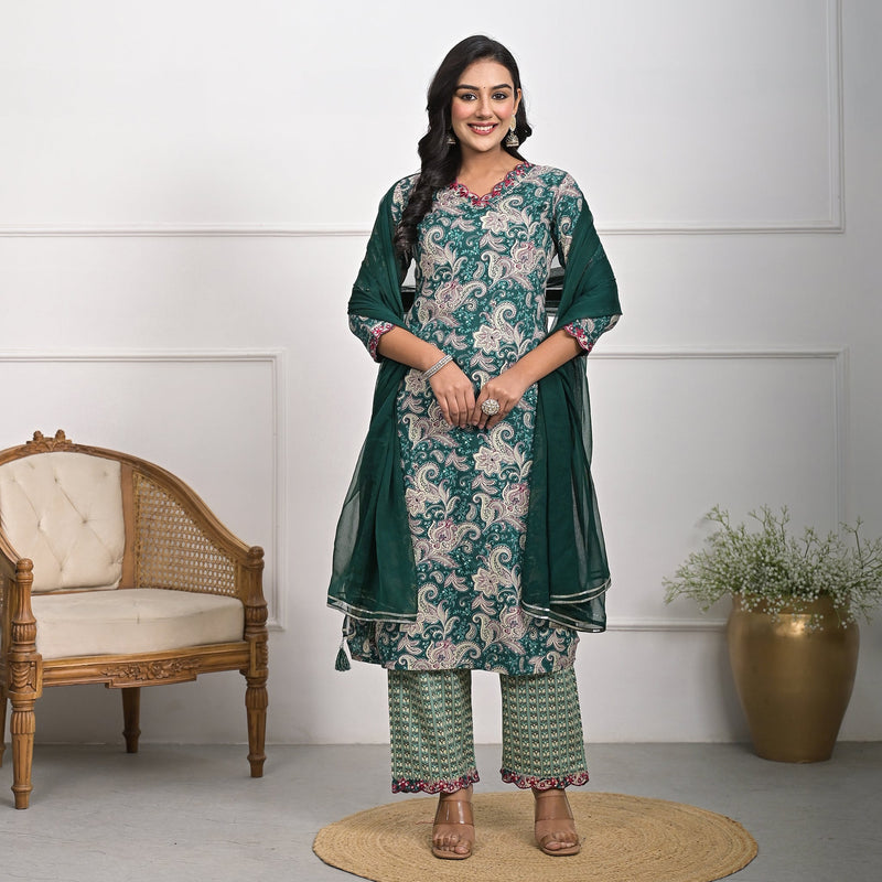 Stylish Rayon Green Kurta Pajama Set with Dupatta