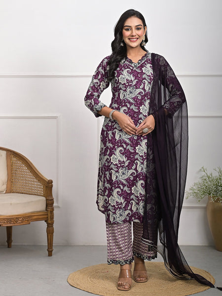 Stylish Rayon Purple Kurta Pajama Set with Dupatta