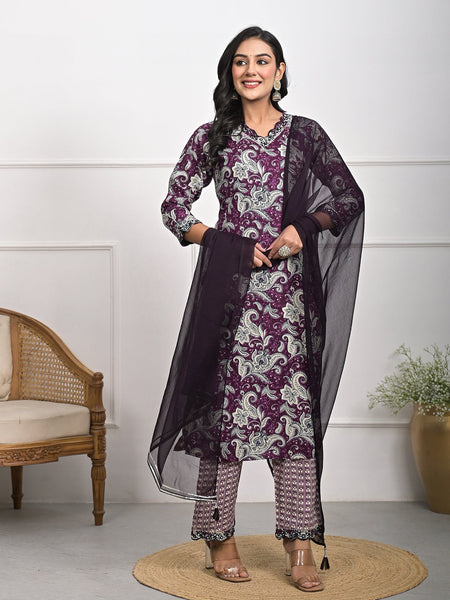 Stylish Rayon Purple Kurta Pajama Set with Dupatta