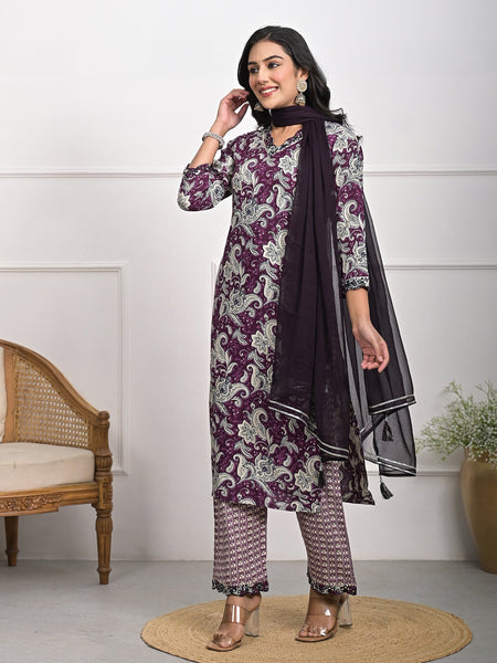 Stylish Rayon Purple Kurta Pajama Set with Dupatta