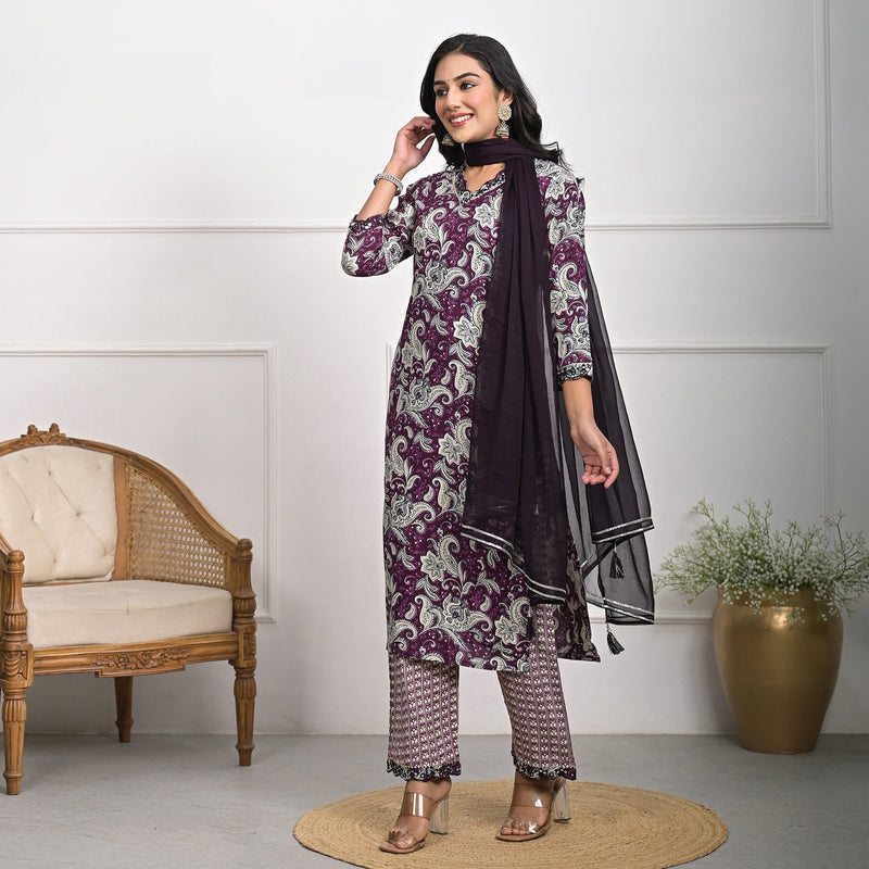 Stylish Rayon Purple Kurta Pajama Set with Dupatta