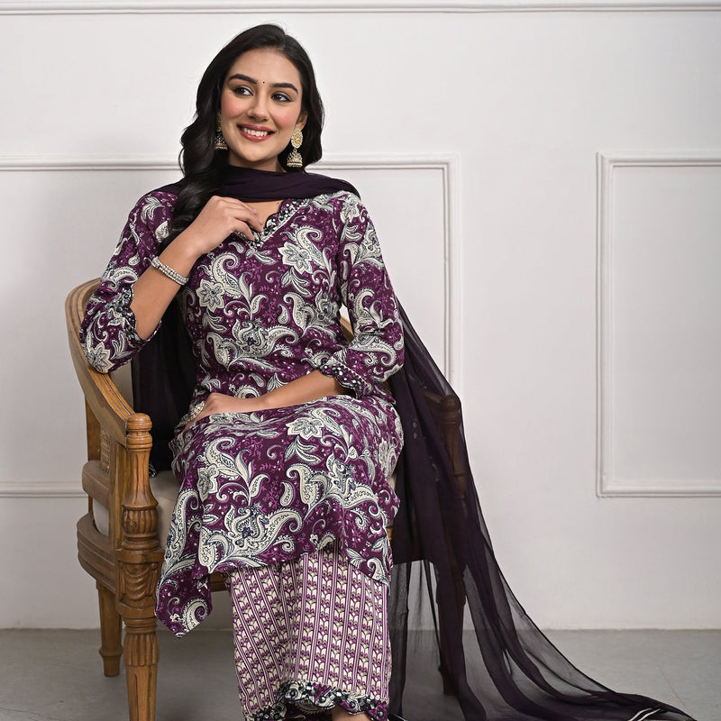 Stylish Rayon Purple Kurta Pajama Set with Dupatta