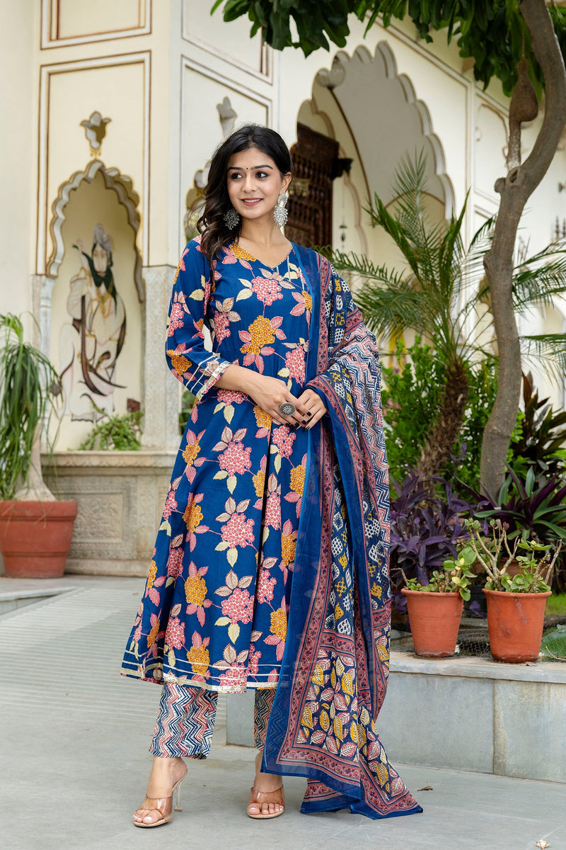 Floral Fusion Anarkali Kurta Pant Set With Dupatta