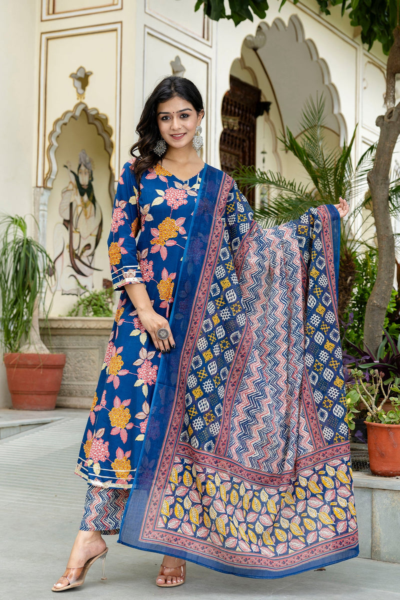 Floral Fusion Anarkali Kurta Pant Set With Dupatta