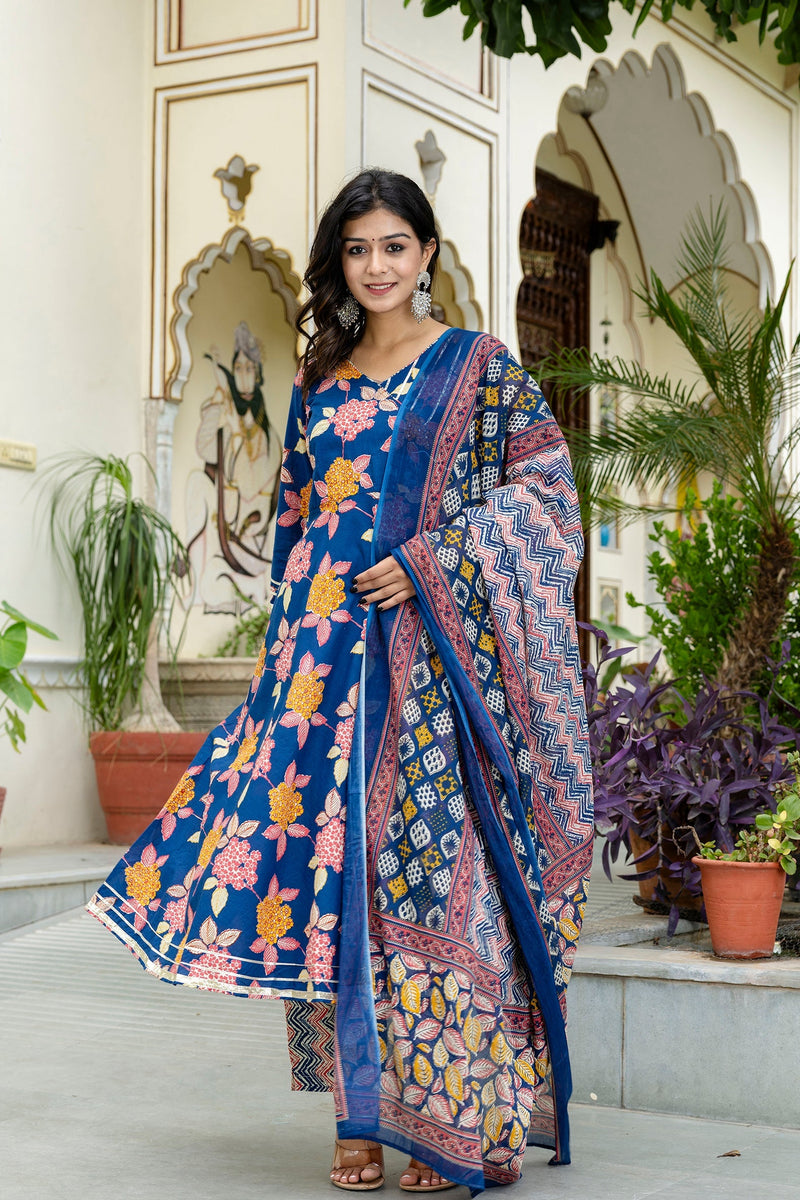 Floral Fusion Anarkali Kurta Pant Set With Dupatta
