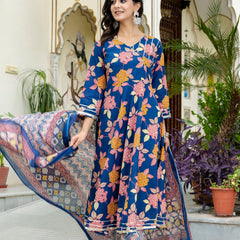 Floral Fusion Anarkali Kurta Pant Set With Dupatta