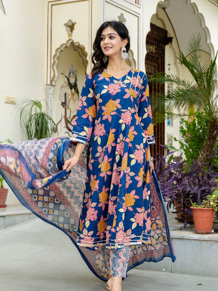 Floral Fusion Anarkali Kurta Pant Set With Dupatta