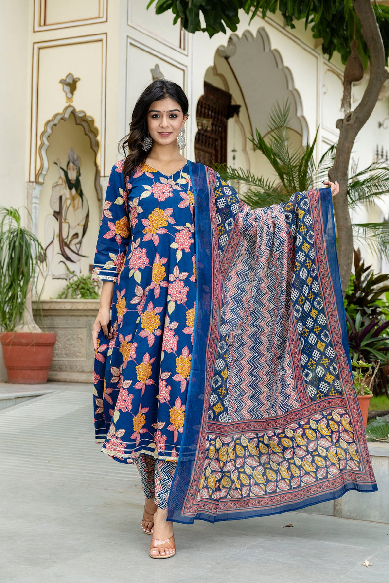 Floral Fusion Anarkali Kurta Pant Set With Dupatta