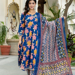 Floral Fusion Anarkali Kurta Pant Set With Dupatta
