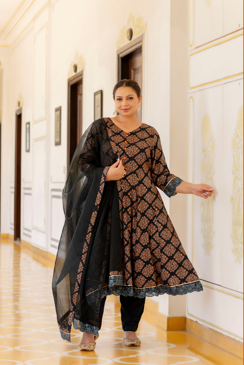 Dark Green Printed Rayon Kurta Pant Dupatta Set for Women (Plus Size)