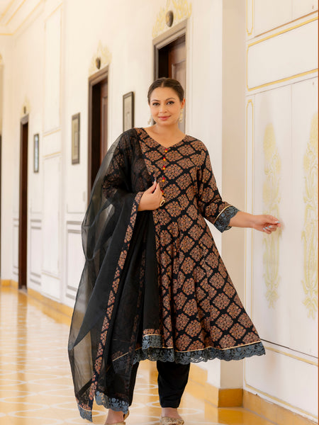 Dark Green Printed Rayon Kurta Pant Dupatta Set for Women (Plus Size)