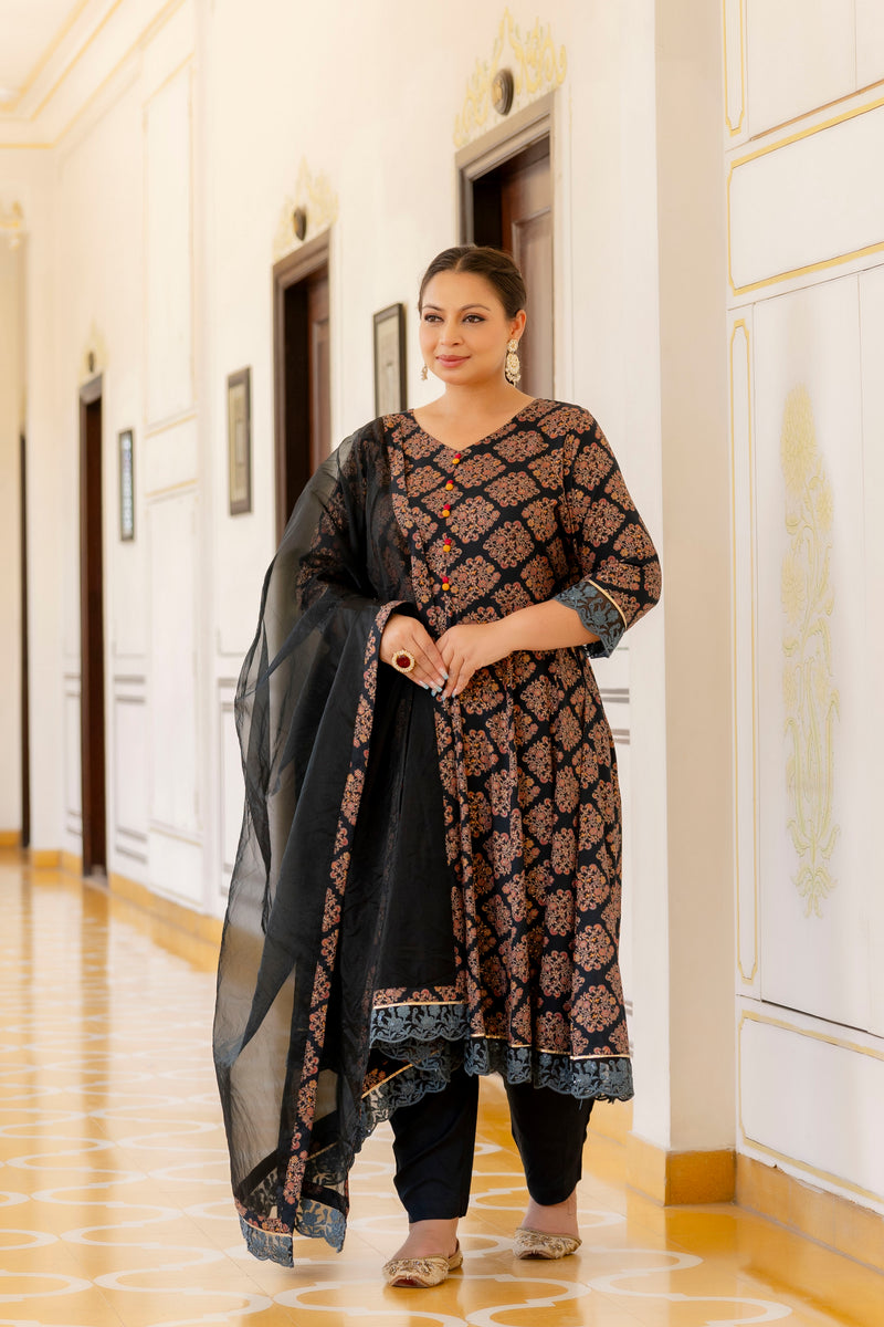 Dark Green Printed Rayon Kurta Pant Dupatta Set for Women (Plus Size)