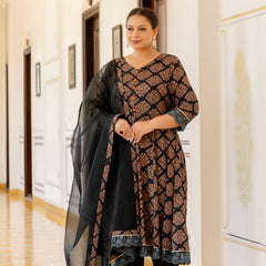 Dark Green Printed Rayon Kurta Pant Dupatta Set for Women (Plus Size)