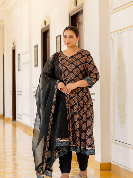 Dark Green Printed Rayon Kurta Pant Dupatta Set for Women (Plus Size)