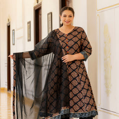 Dark Green Printed Rayon Kurta Pant Dupatta Set for Women (Plus Size)