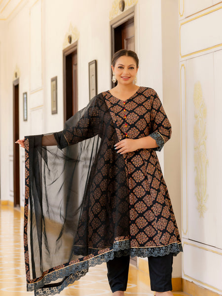 Dark Green Printed Rayon Kurta Pant Dupatta Set for Women (Plus Size)