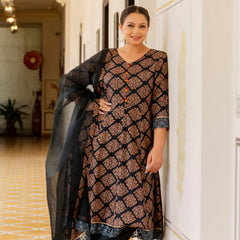 Dark Green Printed Rayon Kurta Pant Dupatta Set for Women (Plus Size)