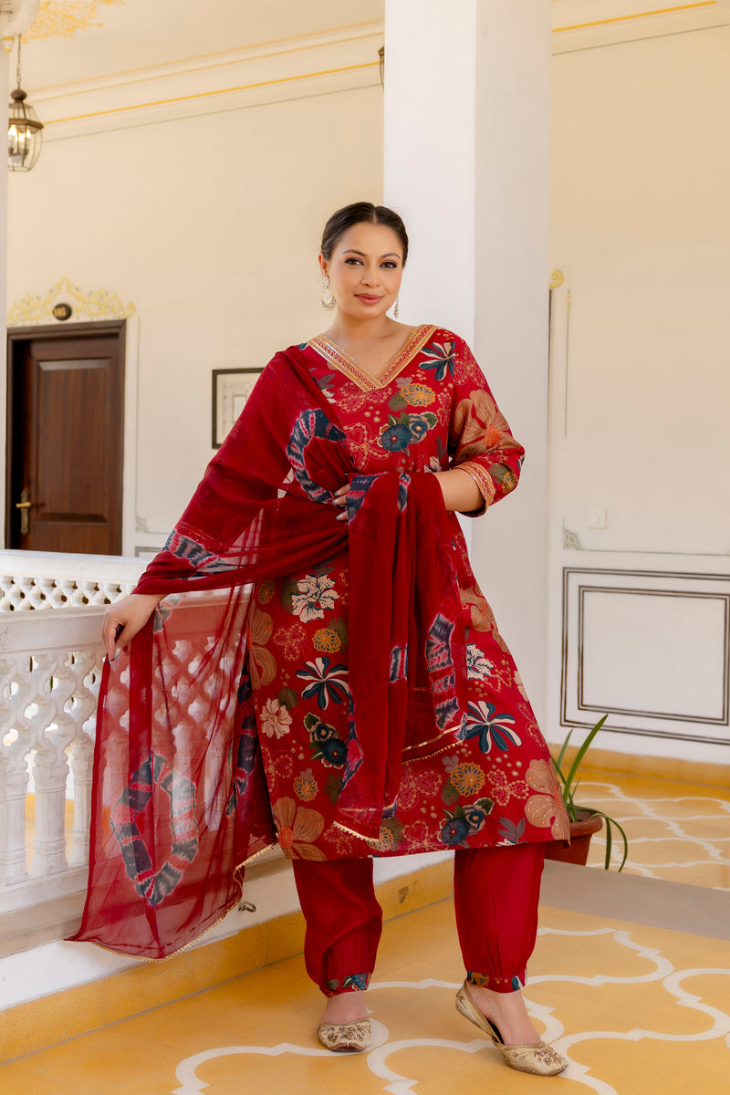 Maroon Printed Muslin Kurta Pant Dupatta Set for Women (Plus Size)