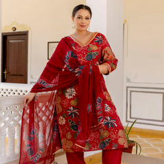 Maroon Printed Muslin Kurta Pant Dupatta Set for Women (Plus Size)