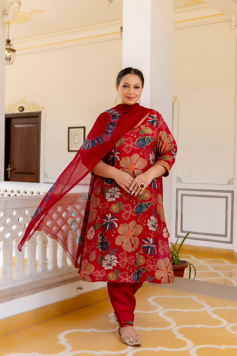 Maroon Printed Muslin Kurta Pant Dupatta Set for Women (Plus Size)